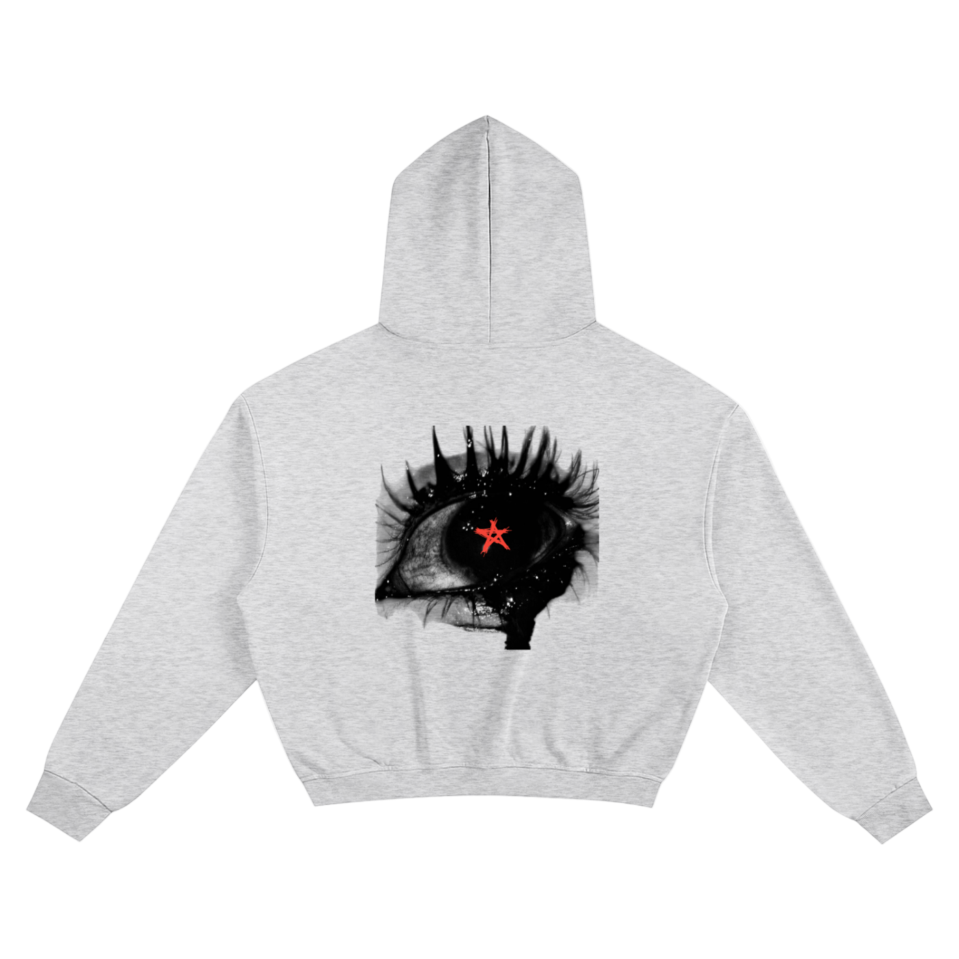 Gray hoodie with a unique eye design on the back against a white background