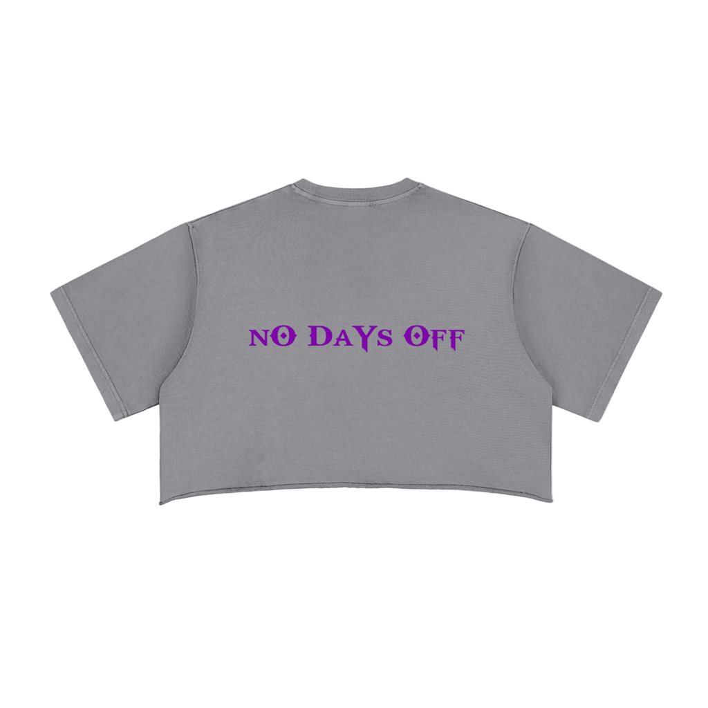 Gray crop top with 'NO DAYS OFF' text in purple on a white background