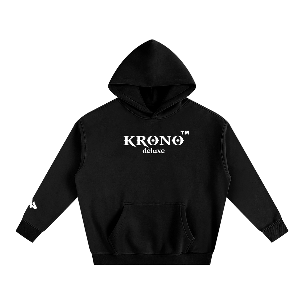Black hoodie with 'Krono deluxe' logo on a white background