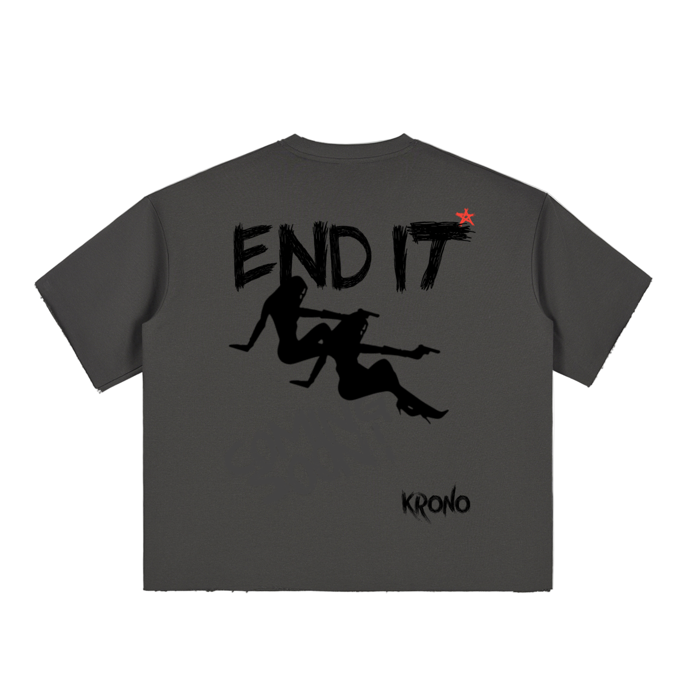 Gray t-shirt with black graphic design and 'Krono' branding on a white background