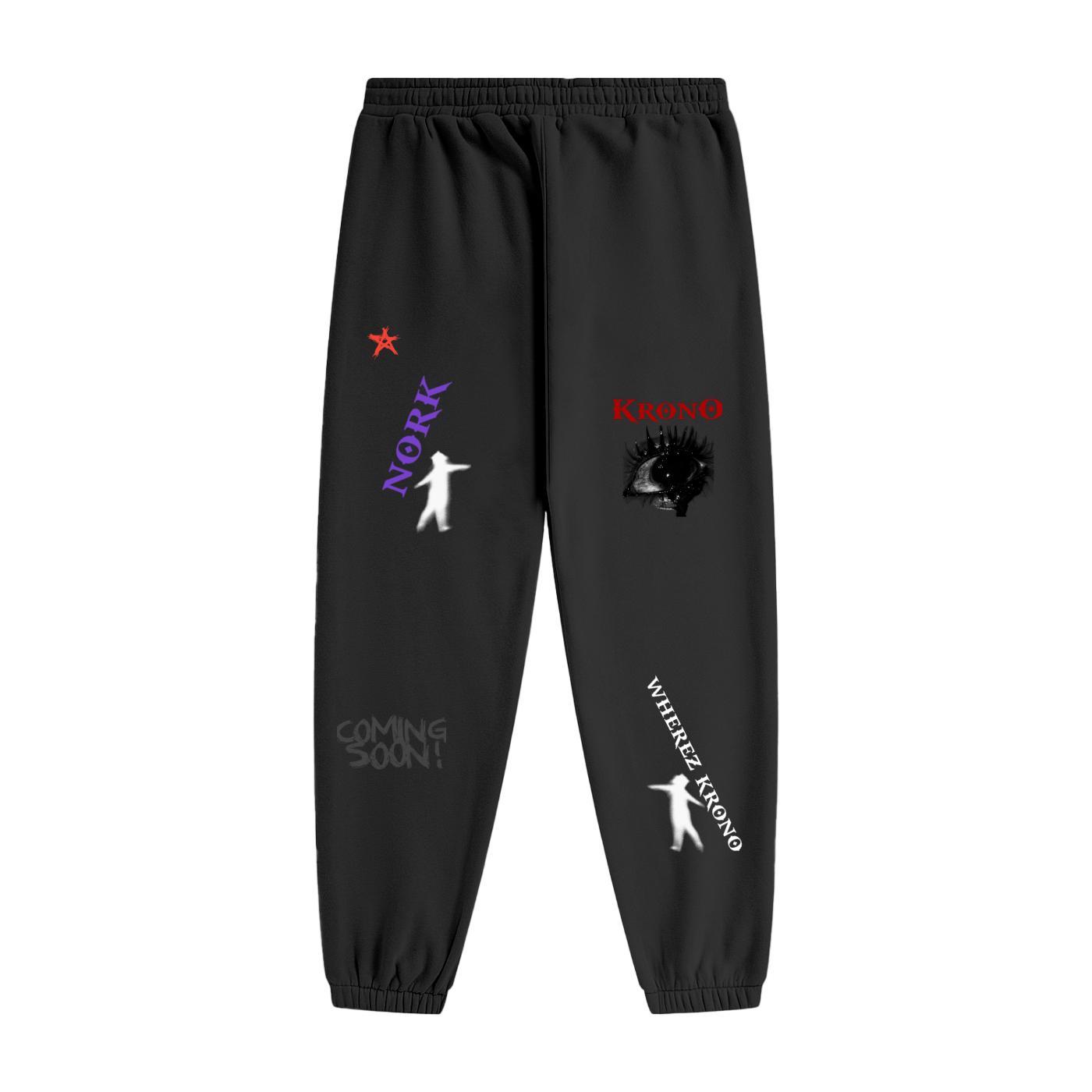 Black sweatpants with various graphics and text on a white background