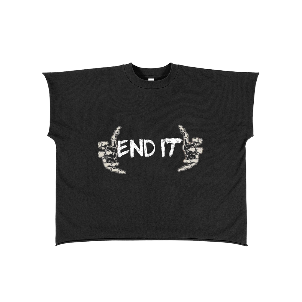 Black sleeveless shirt with 'END IT' text and hand graphics on a white background
