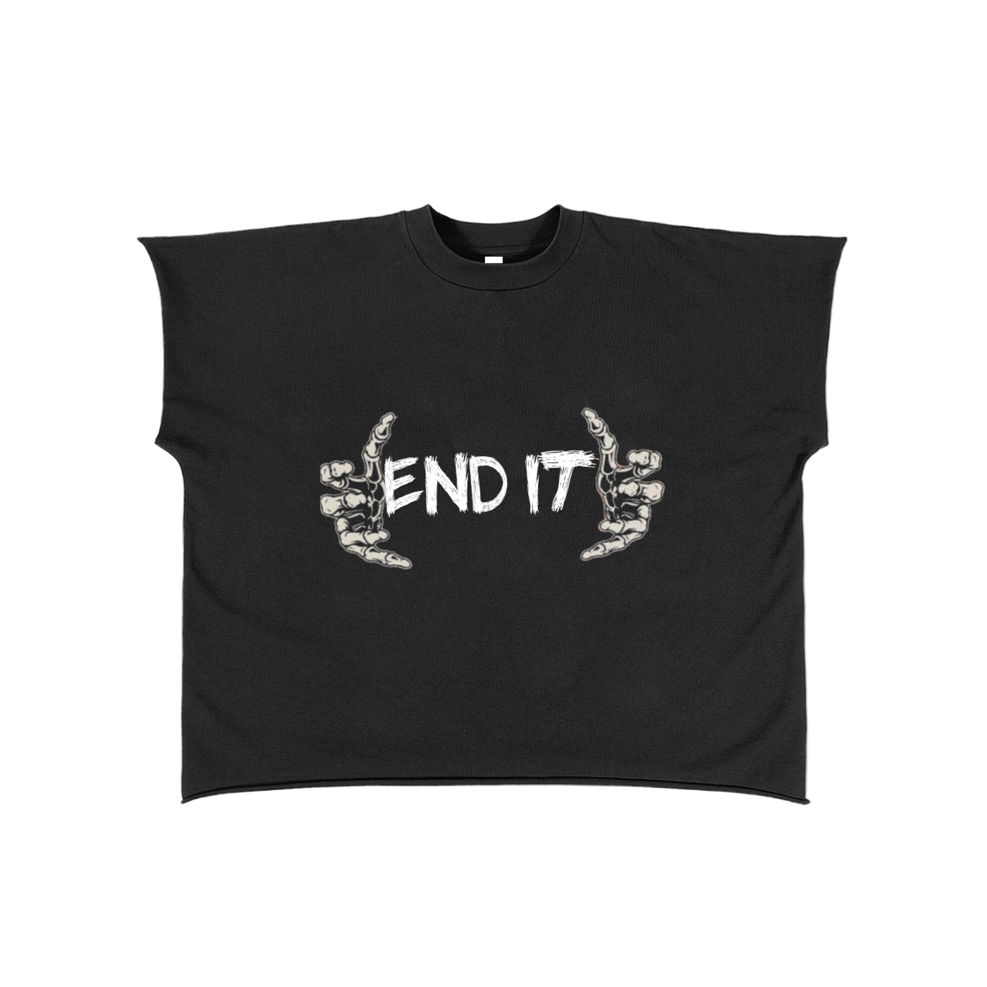 Black sleeveless shirt with 'END IT' text and hand graphics on a white background