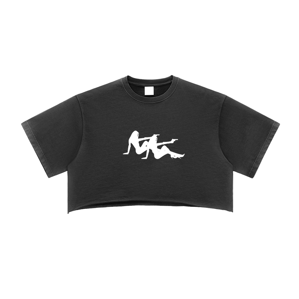 Black crop top with white graphic design on a white background