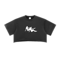 Black crop top with white graphic design on a white background