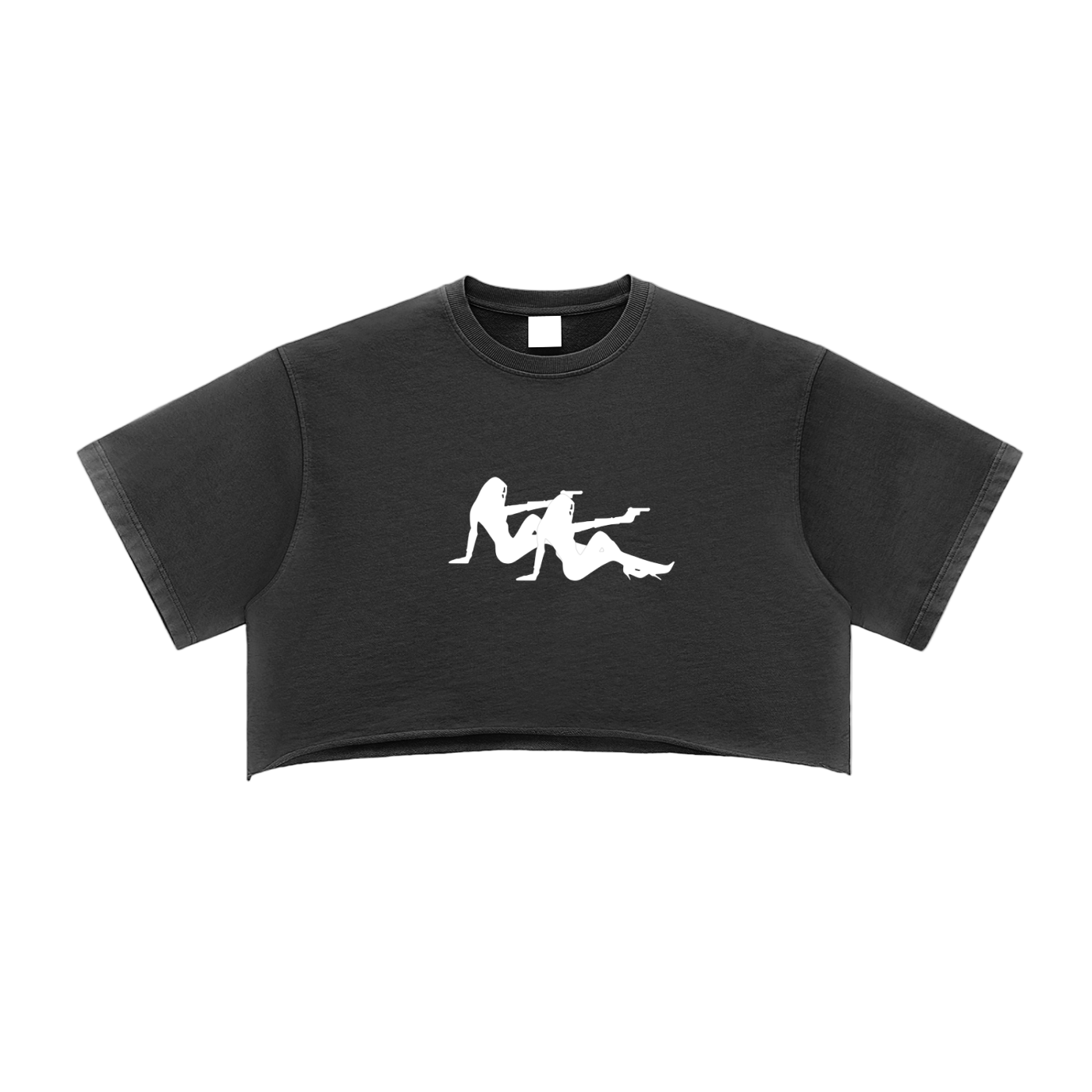 Black crop top with white graphic design on a white background