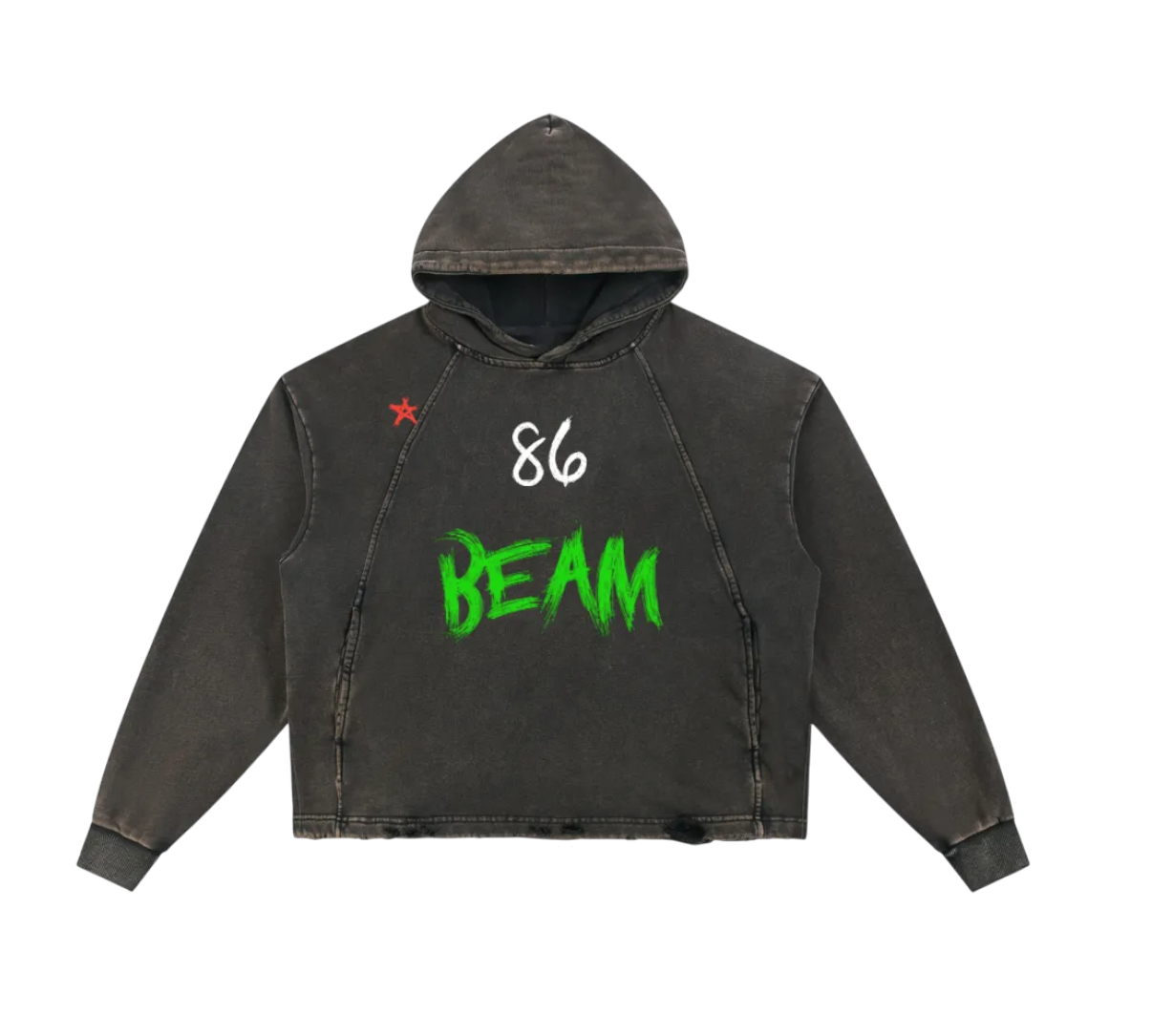 Black hoodie with '86 BEAM' text on a white background