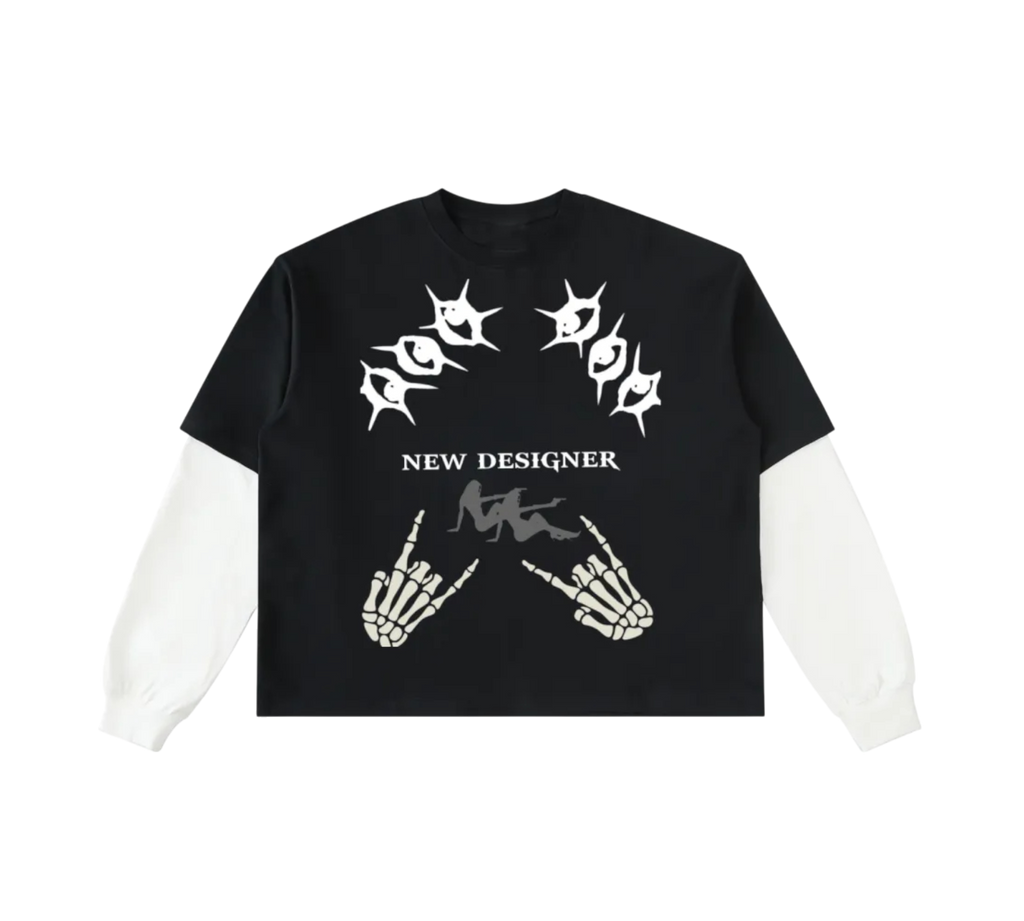 Black t-shirt with white graphic design on a white background