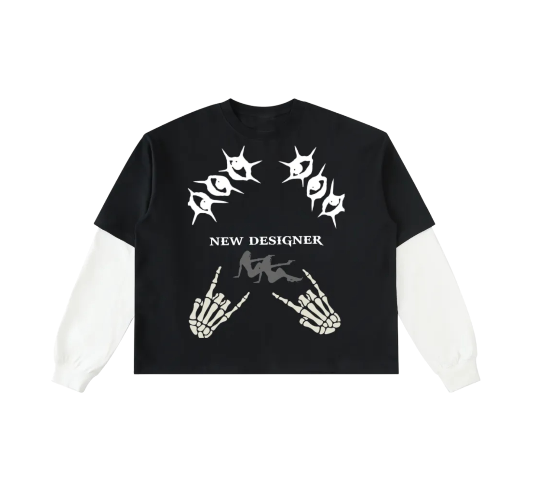 Black t-shirt with white graphic design on a white background