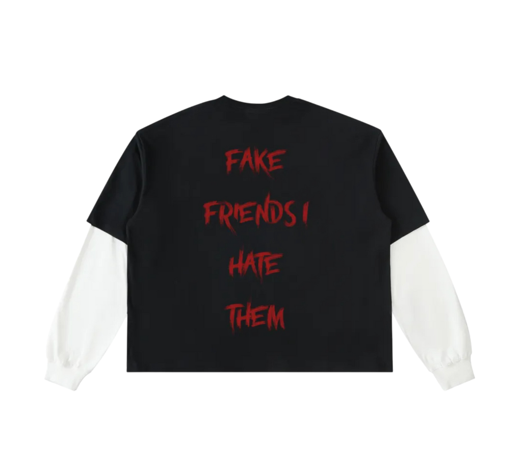 Black shirt with red text 'FAKE FRIENDS I HATE THEM' on a white background