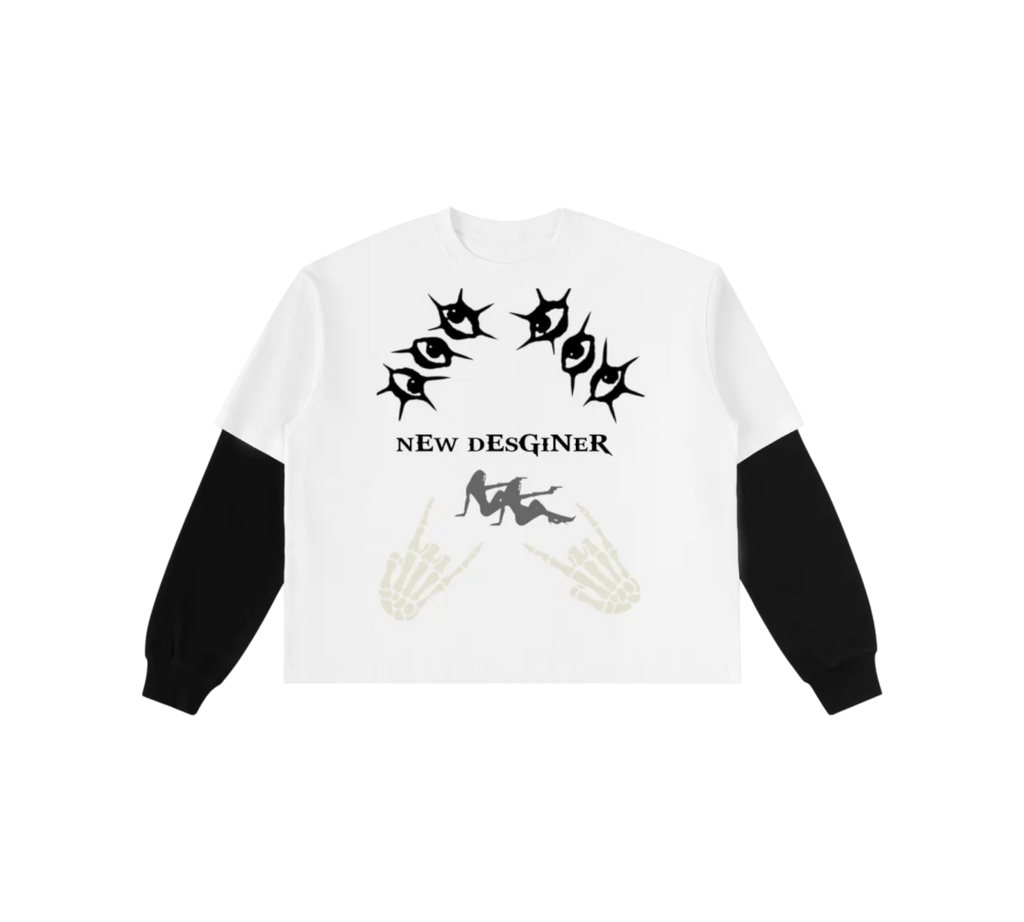 White sweatshirt with black and gray designs on a white background
