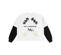 White sweatshirt with black and gray designs on a white background