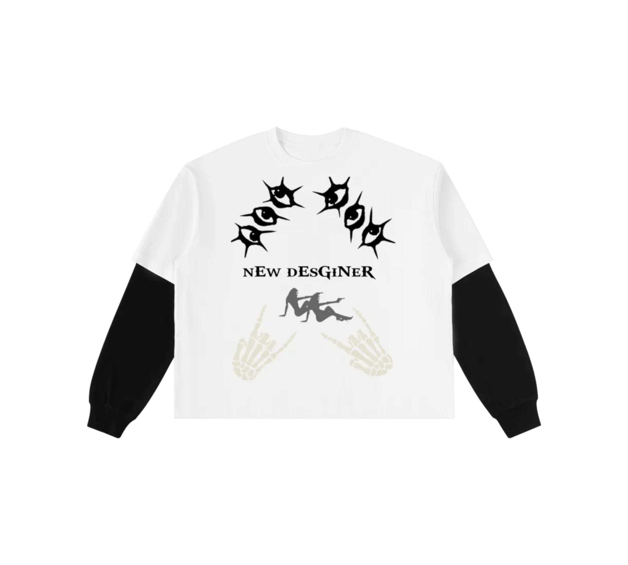 White sweatshirt with black and gray designs on a white background