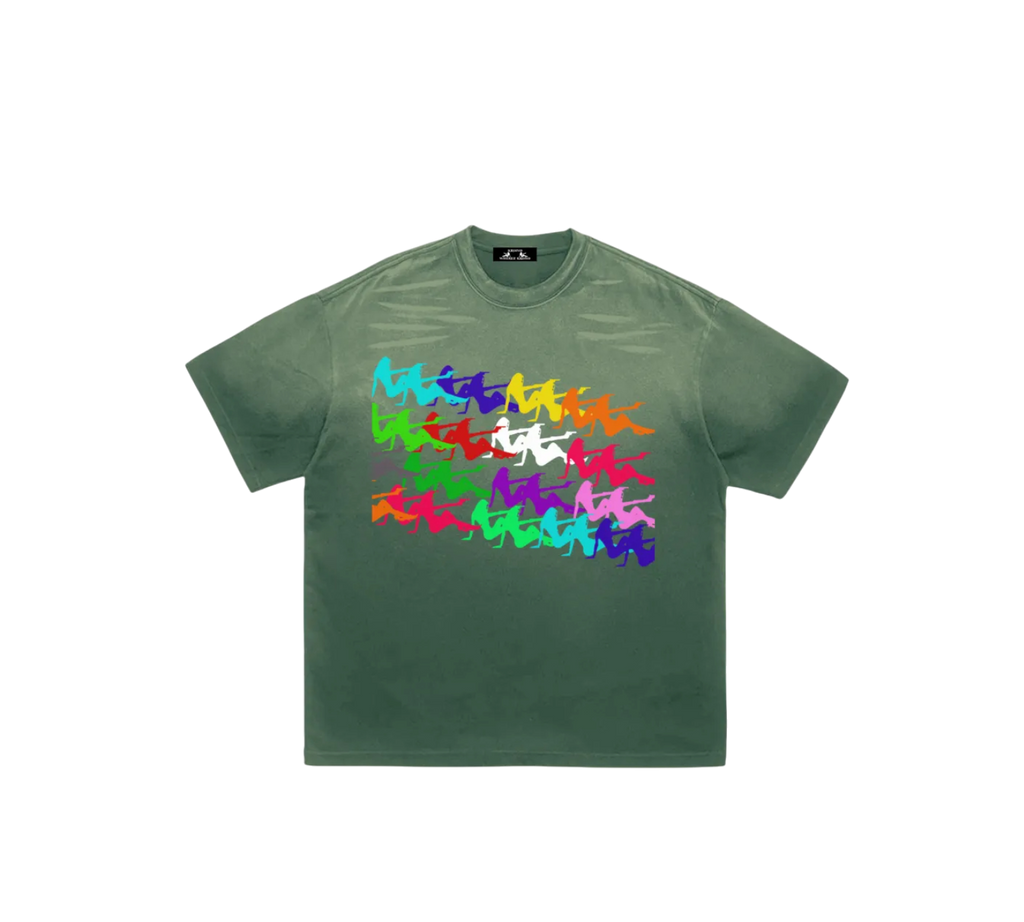 Green t-shirt with colorful graphic design on a white background