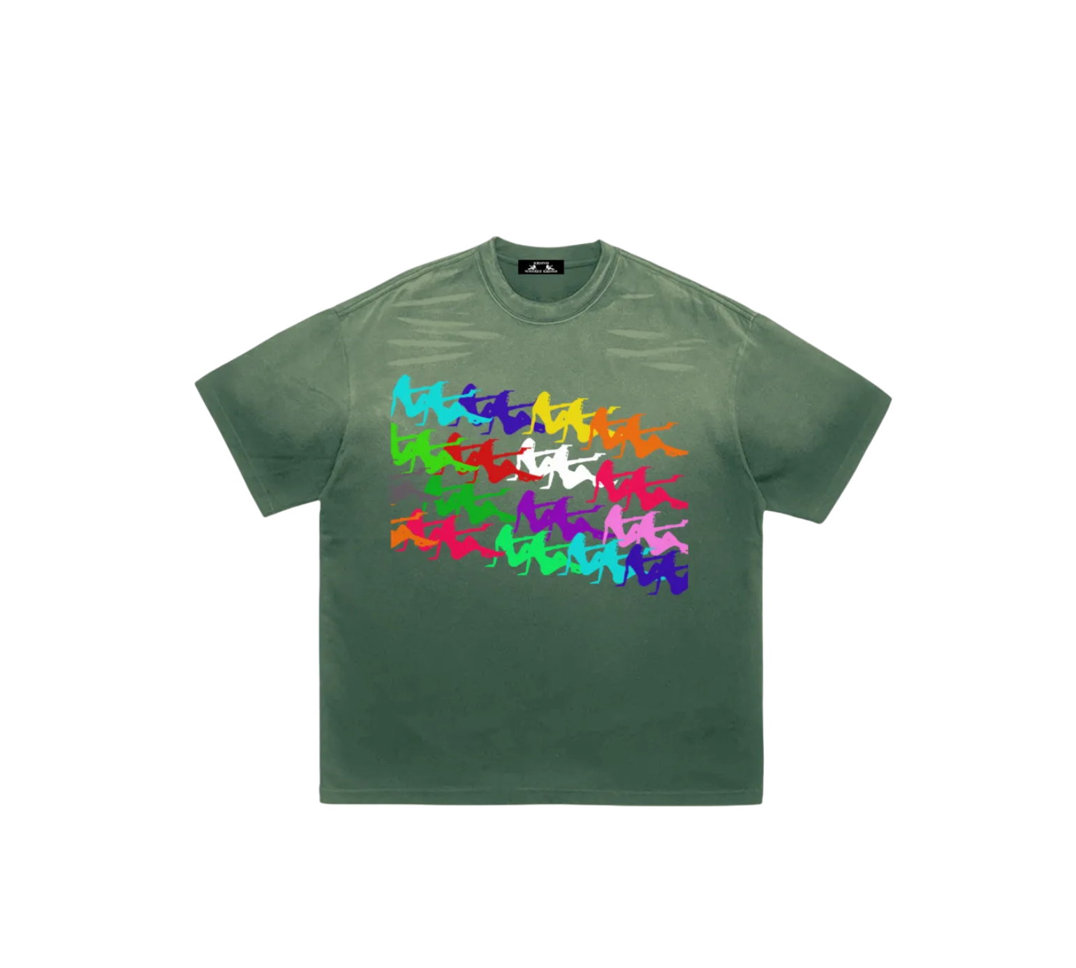 Green t-shirt with colorful graphic design on a white background