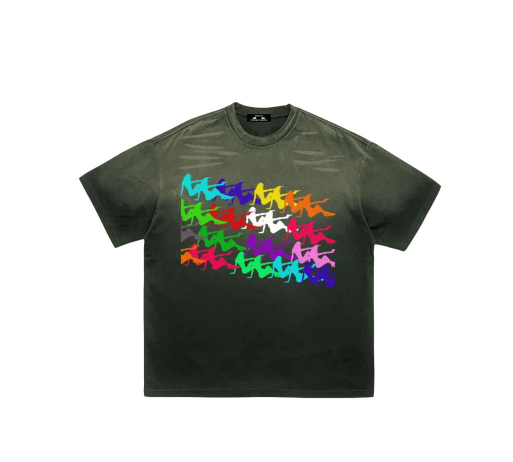 Green t-shirt with colorful graphic design on a white background