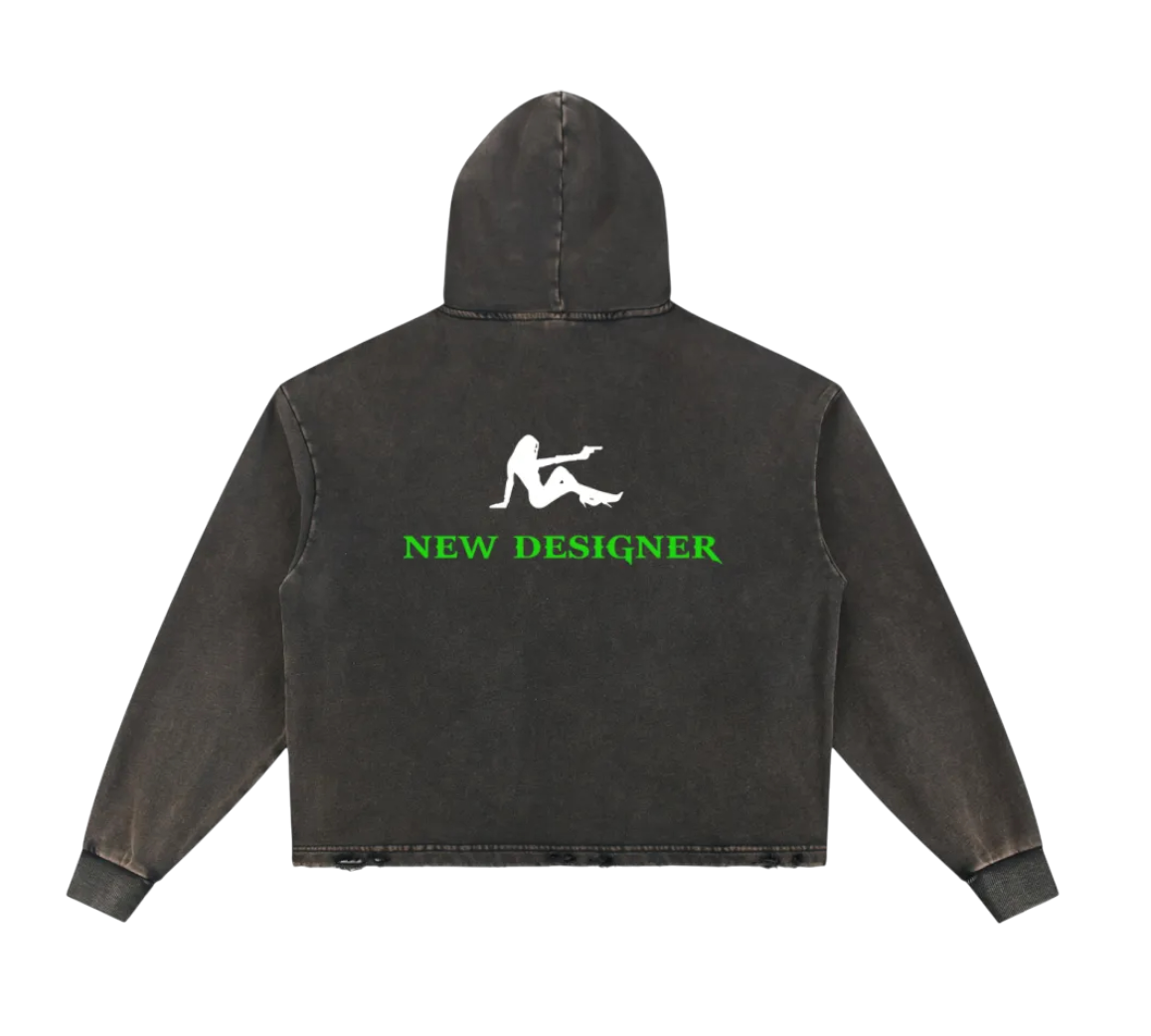 Black hoodie with a graphic and text on the back against a white background