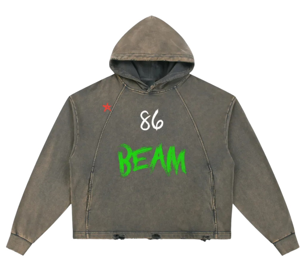 Gray hoodie with '86 BEAM' text on a white background