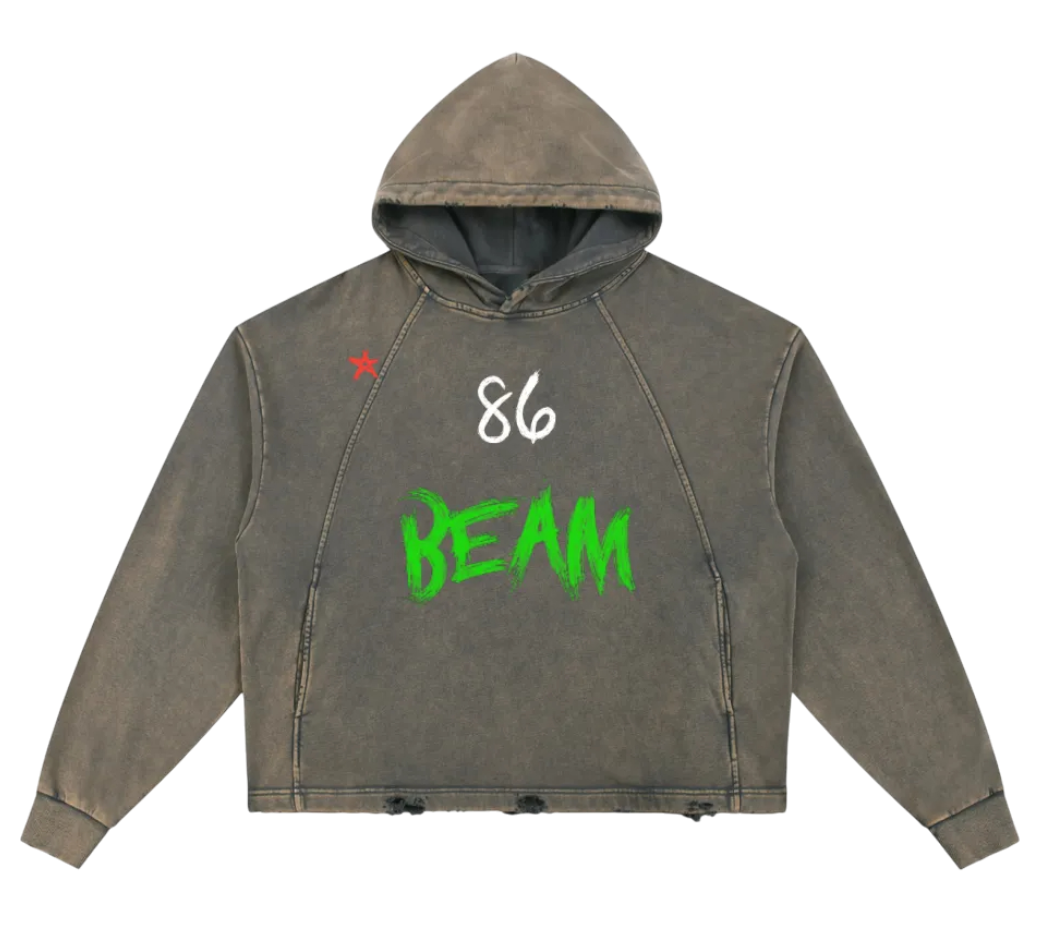 Gray hoodie with '86 BEAM' text on a white background