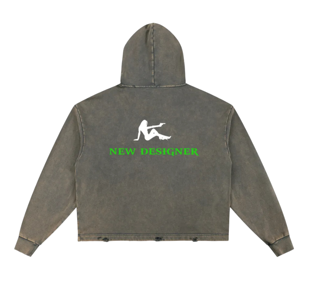 Gray hoodie with a logo and text on the back against a white background