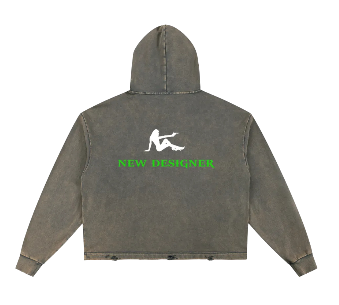 Gray hoodie with a logo and text on the back against a white background