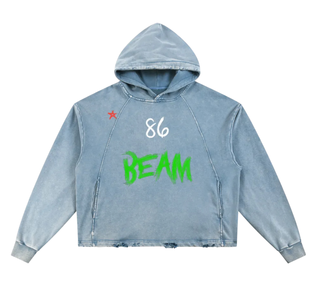 Light blue hoodie with green text on a white background