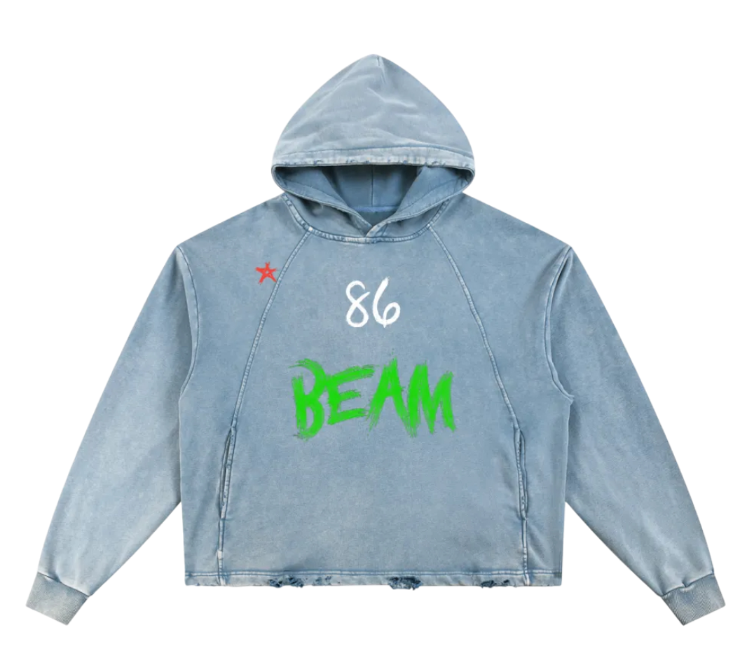 Light blue hoodie with green text on a white background