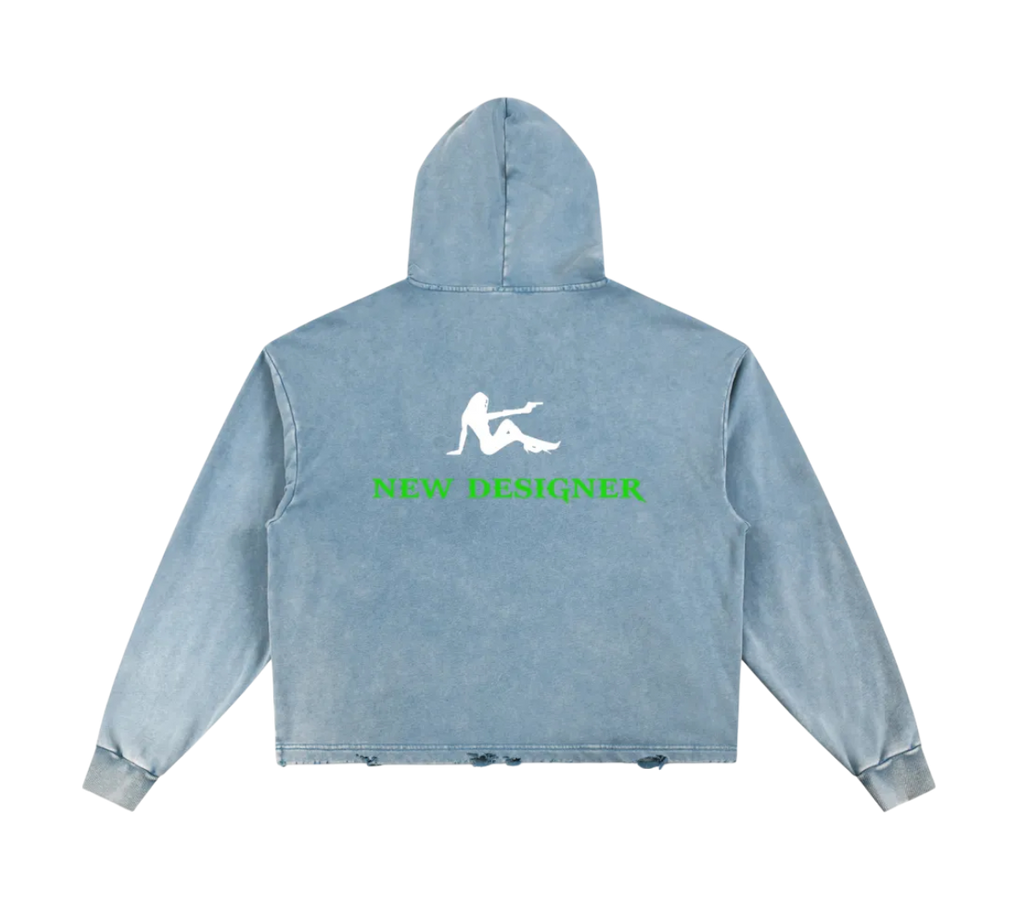 Light blue hoodie with a logo on the back against a white background