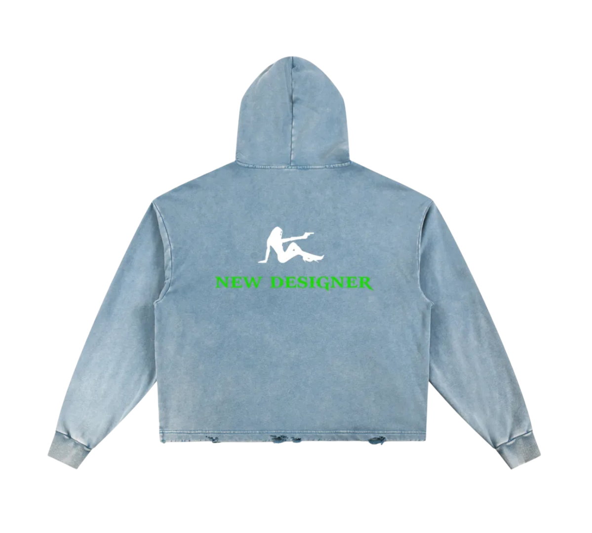 Light blue hoodie with a logo on the back against a white background