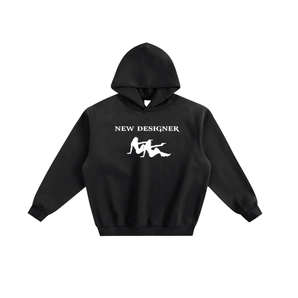 Black hoodie with graphic design and text on a white background