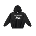 Black hoodie with graphic design and text on a white background