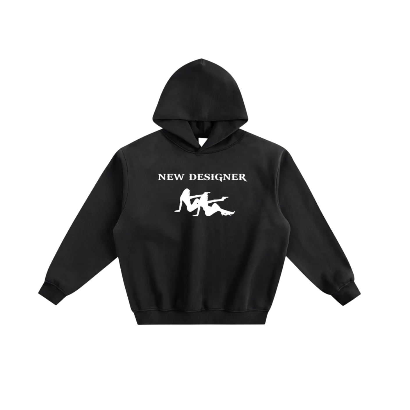 Black hoodie with graphic design and text on a white background