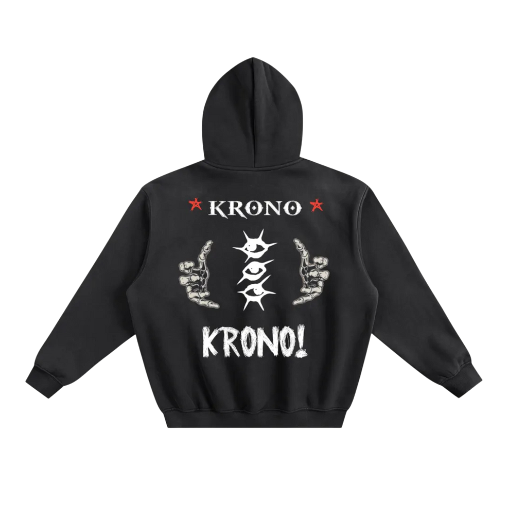 Black hoodie with 'KRONO' branding on a white background