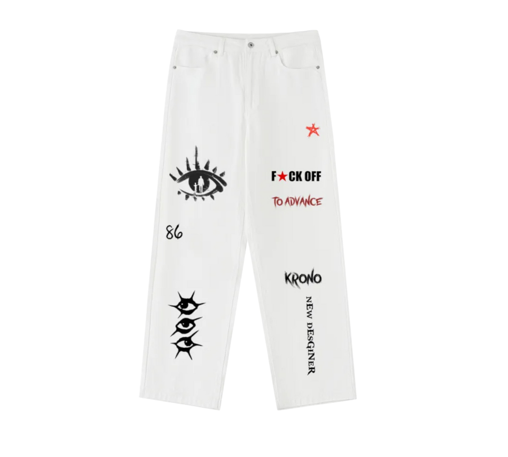 White pants with black and red text and graphics on a white background