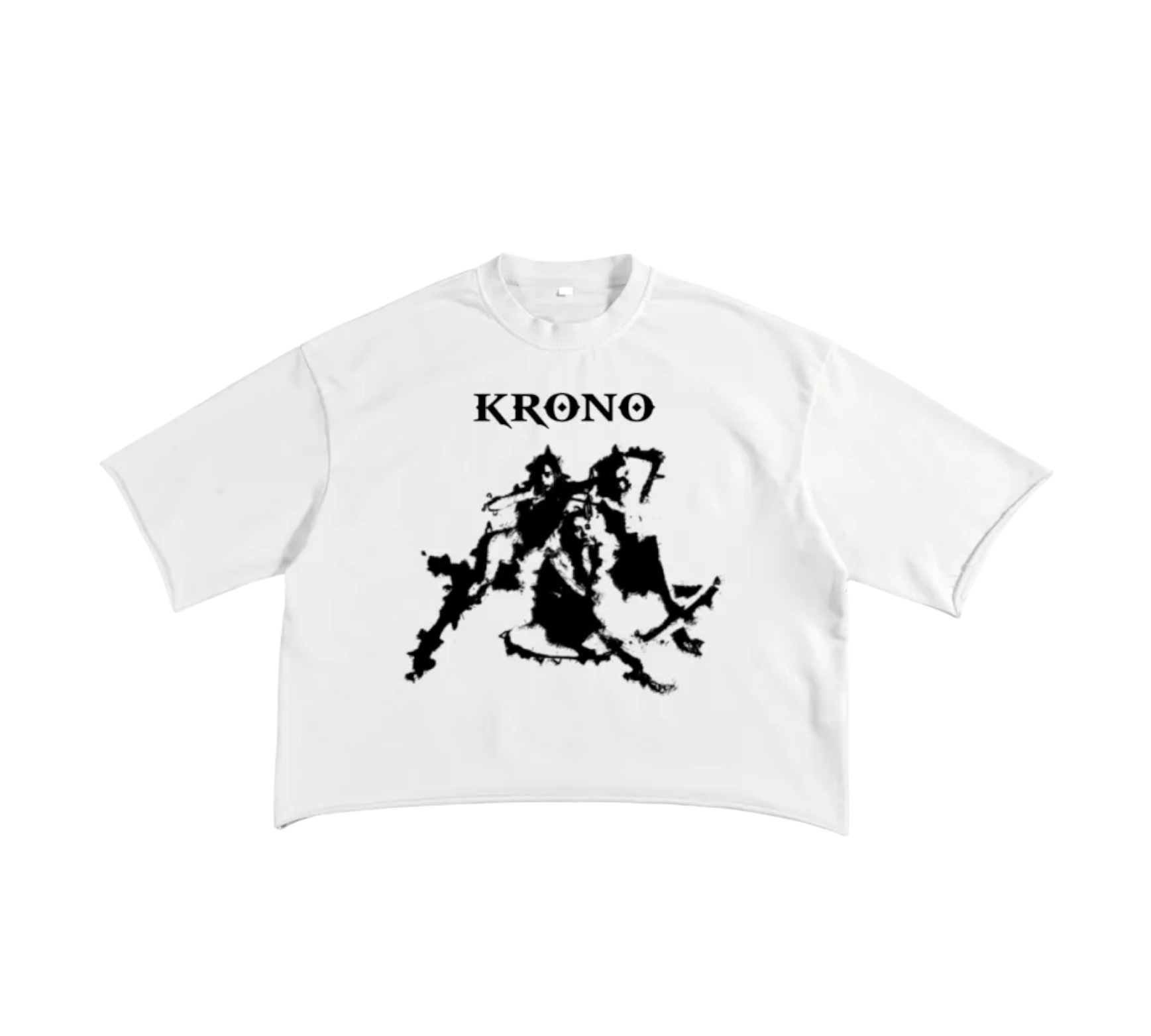 White t-shirt with black graphic design and 'KRONO' text on a white background