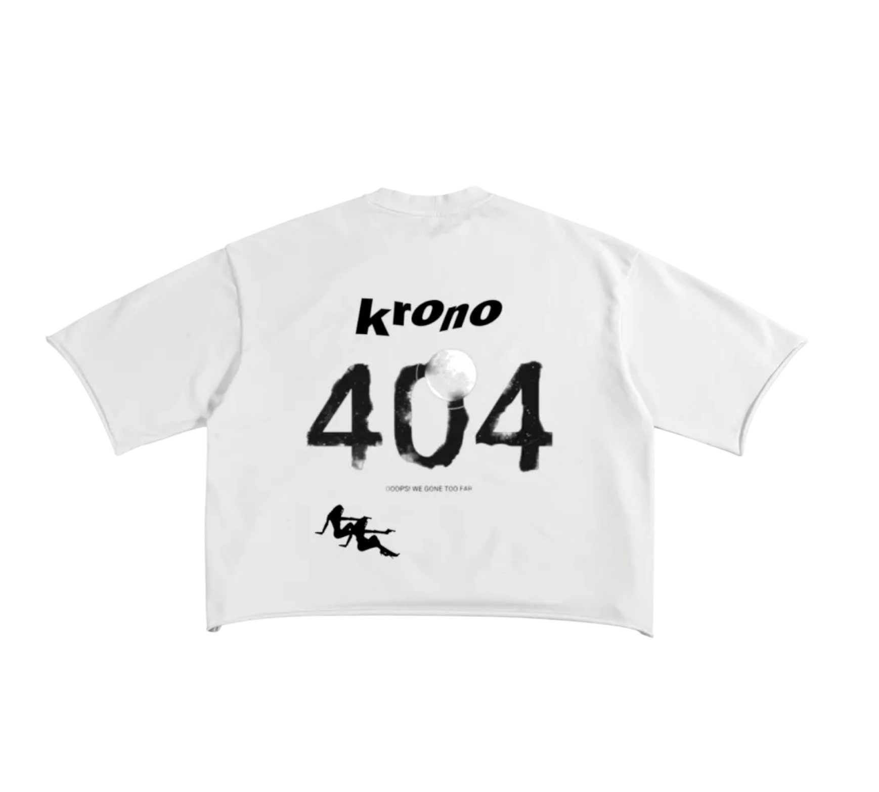 White t-shirt with black text and logo on a white background