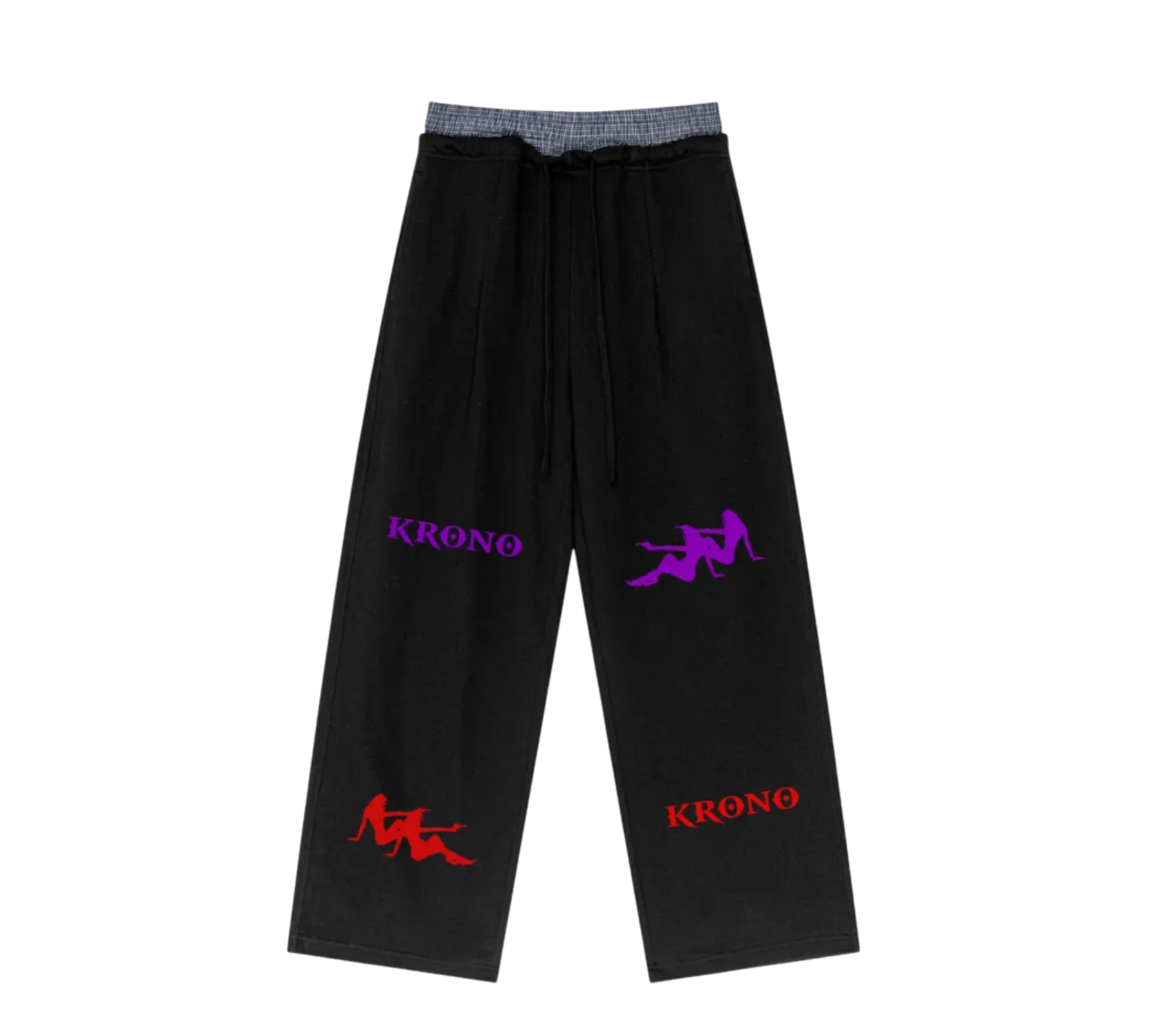 Black pants with embroidered logos on a white background