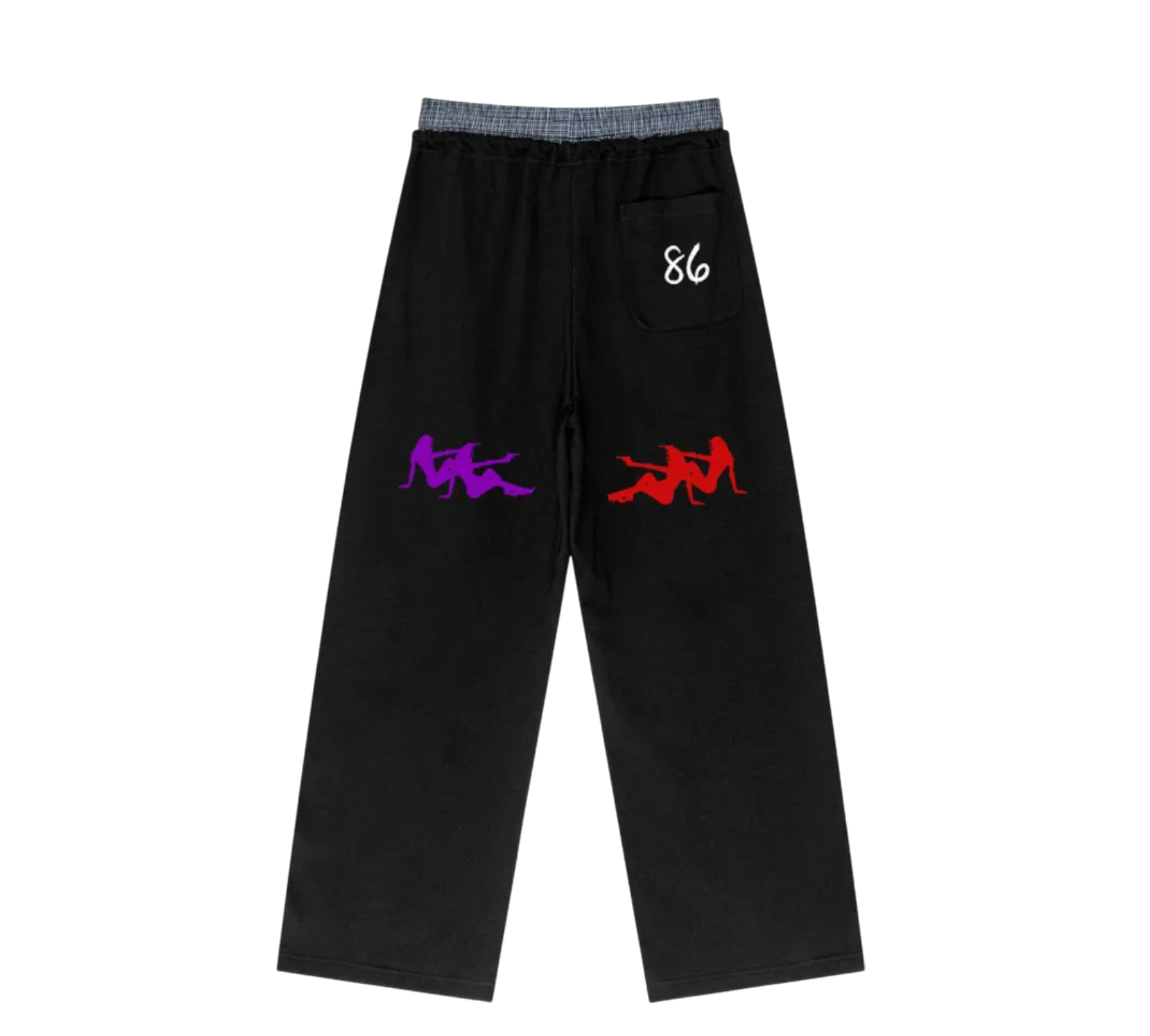 Black pants with colorful graphics and a number on a white background