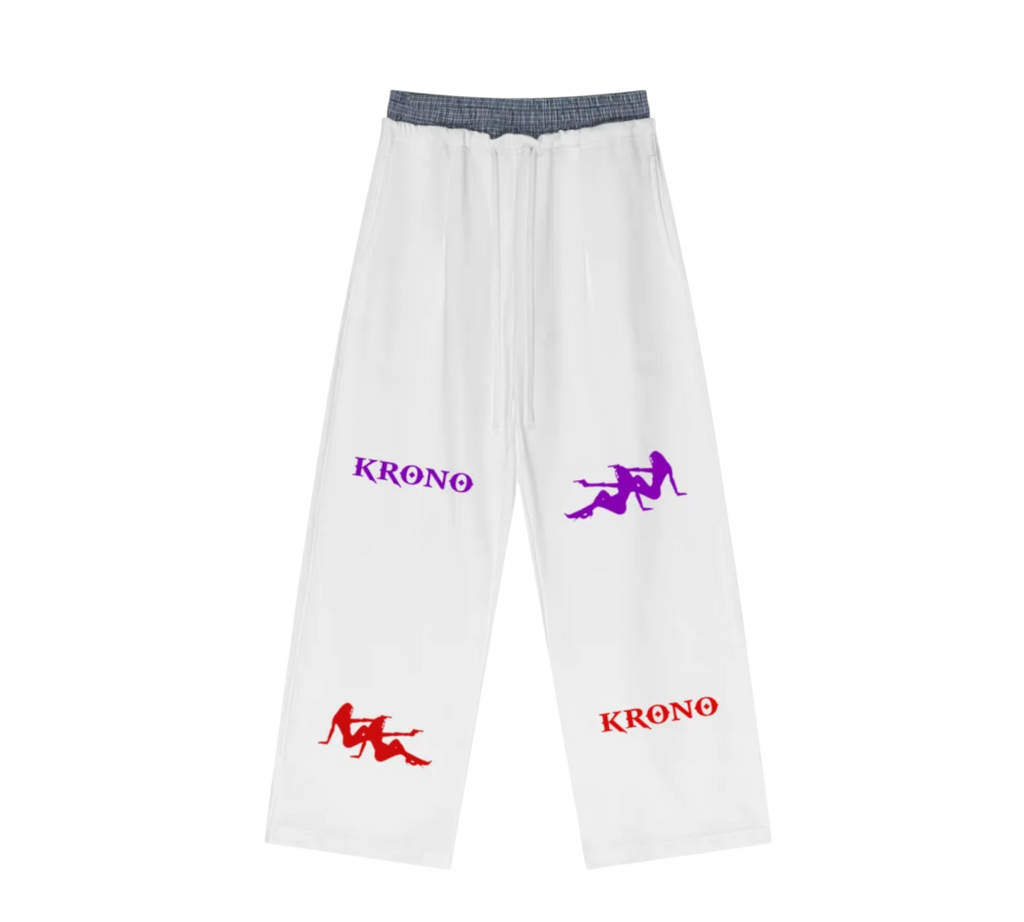 White martial arts pants with purple and red 'Krono' logos on a white background
