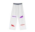 White martial arts pants with purple and red 'Krono' logos on a white background