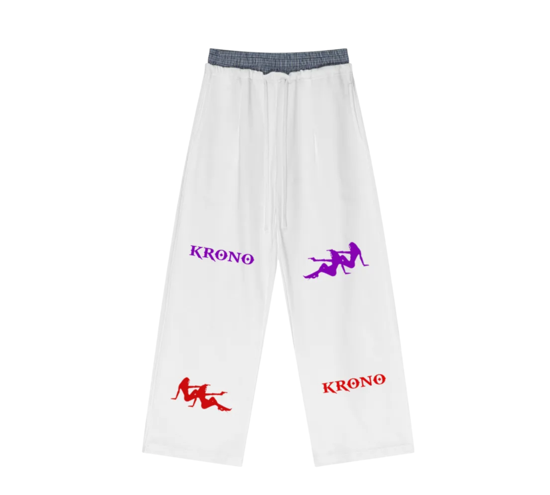 White martial arts pants with purple and red 'Krono' logos on a white background