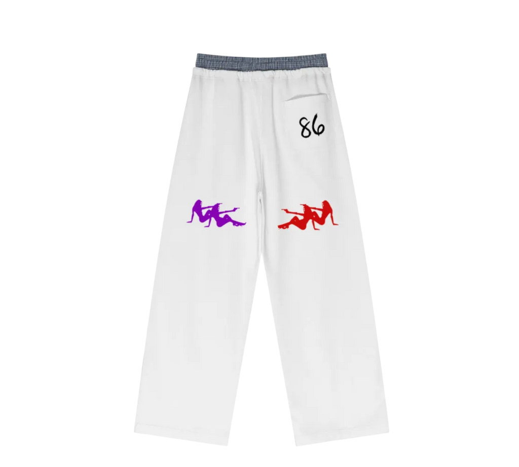 White pants with colorful graphics and numbers on a white background