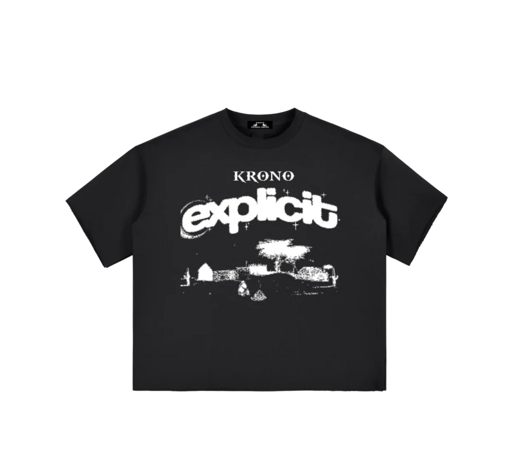 Black t-shirt with white graphic design and text on a white background