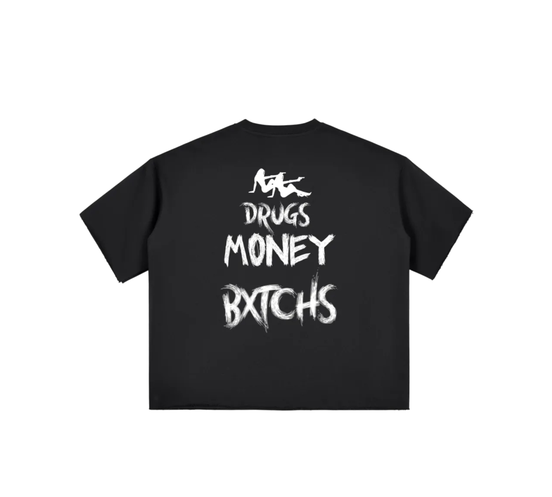 Black t-shirt with white text on a white background