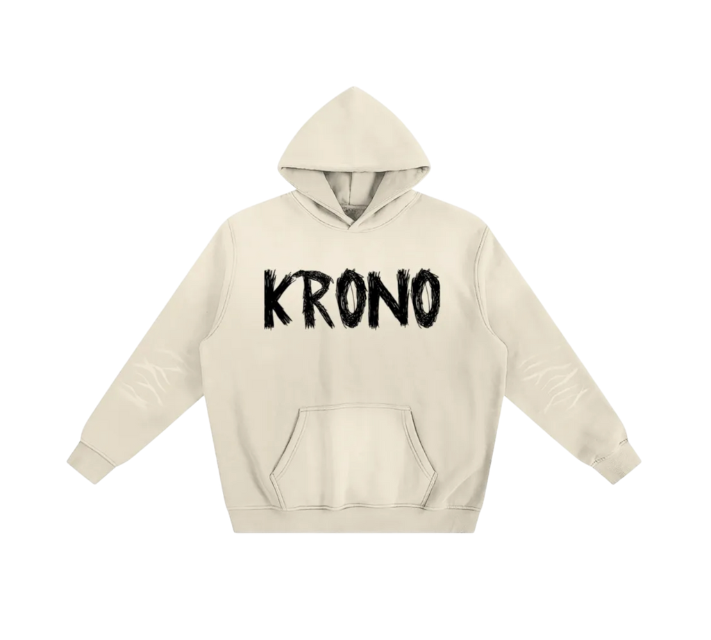 Beige hoodie with 'KRONO' text on a white background