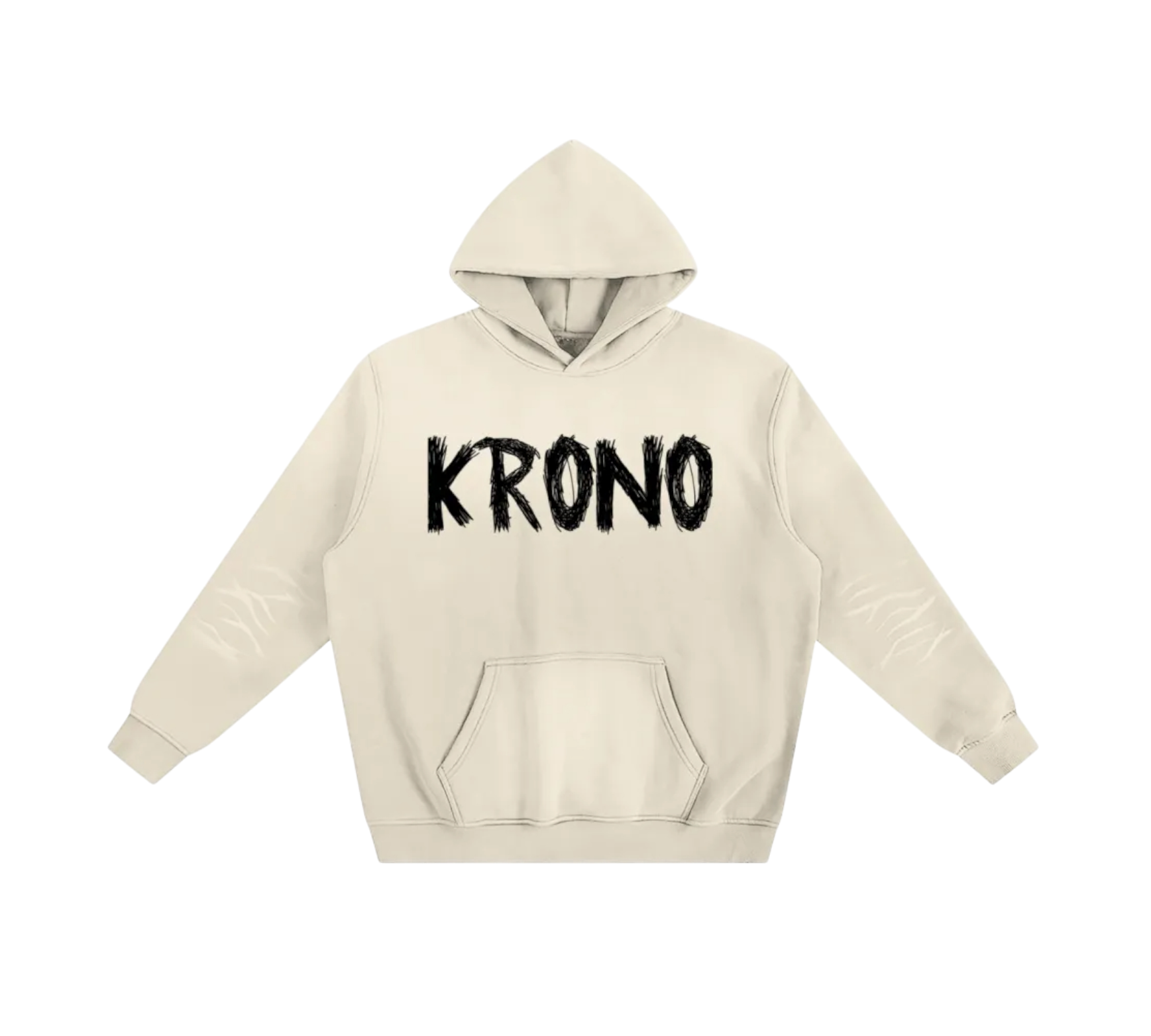 Beige hoodie with 'KRONO' text on a white background