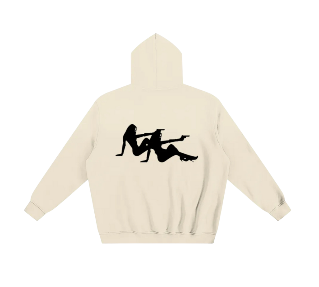 Beige hoodie with black graphic design on a white background