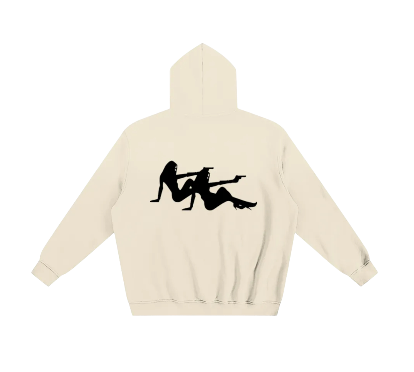 Beige hoodie with black graphic design on a white background