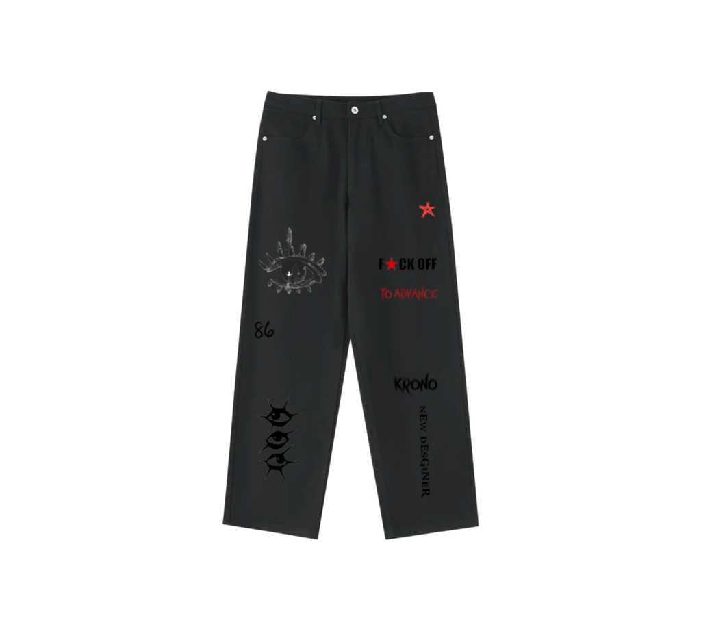 Black pants with various designs and text on a white background