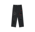 Black pants with various designs and text on a white background